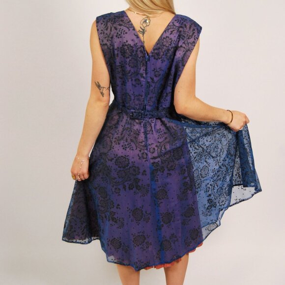 50s Sparkly Swing Dress (L) large navy blue glitter floral formal prom vintage - Picture 4 of 9